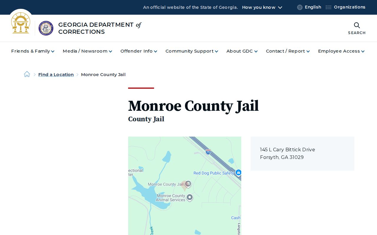 Monroe County Jail release facility listing in Forsyth Georgia