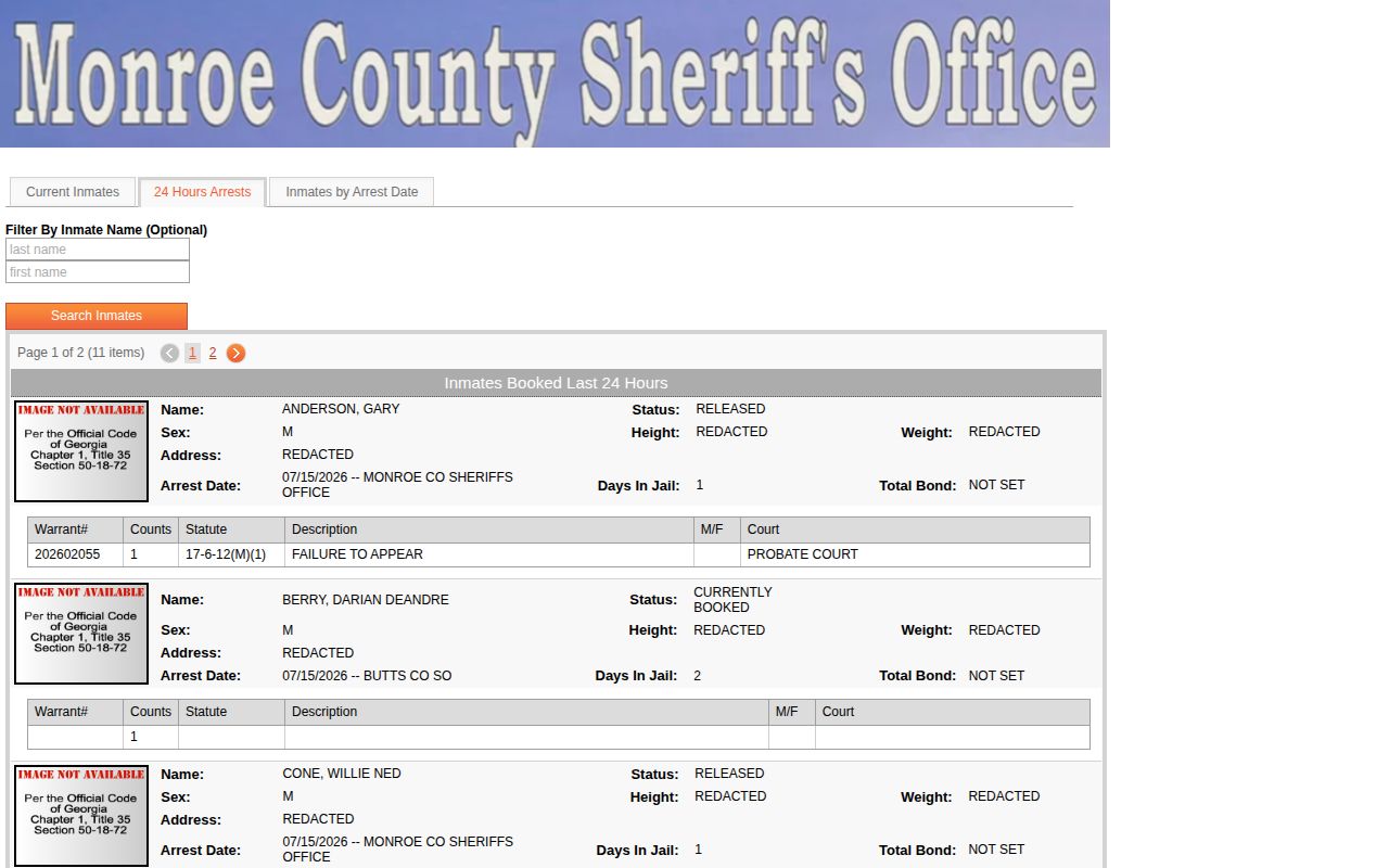 Monroe County 24-hour release status in sheriff booking feed